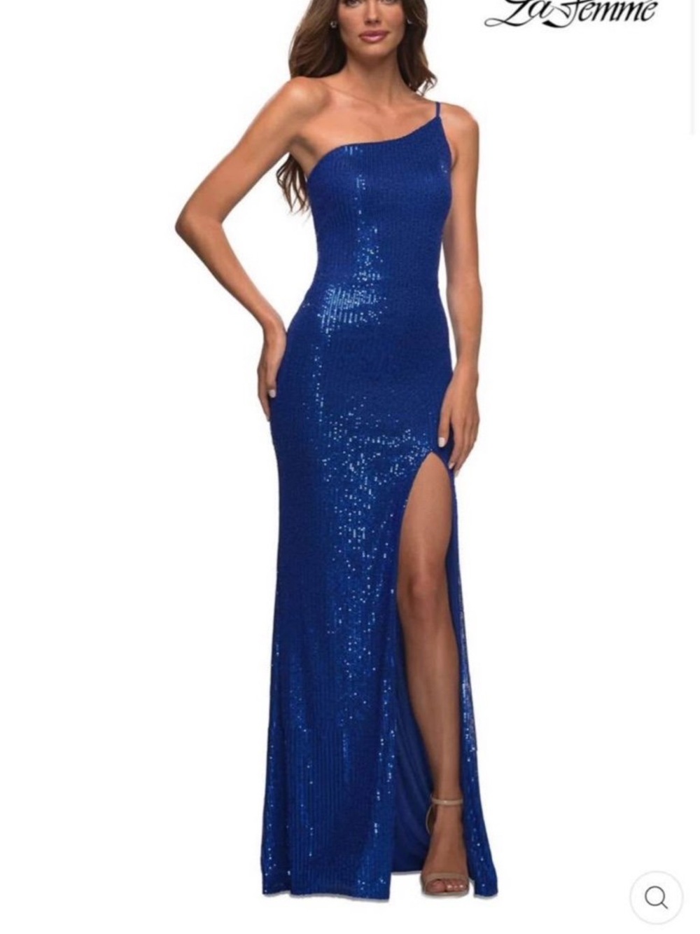 La Femme Sapphire Blue One-Shoulder Sequin Prom Gown